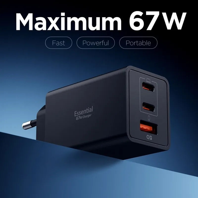 Spigen Essential EE673EU GaN Pro - Sieninis įkroviklis 2x USB-C + USB-A 67W (Juodas)