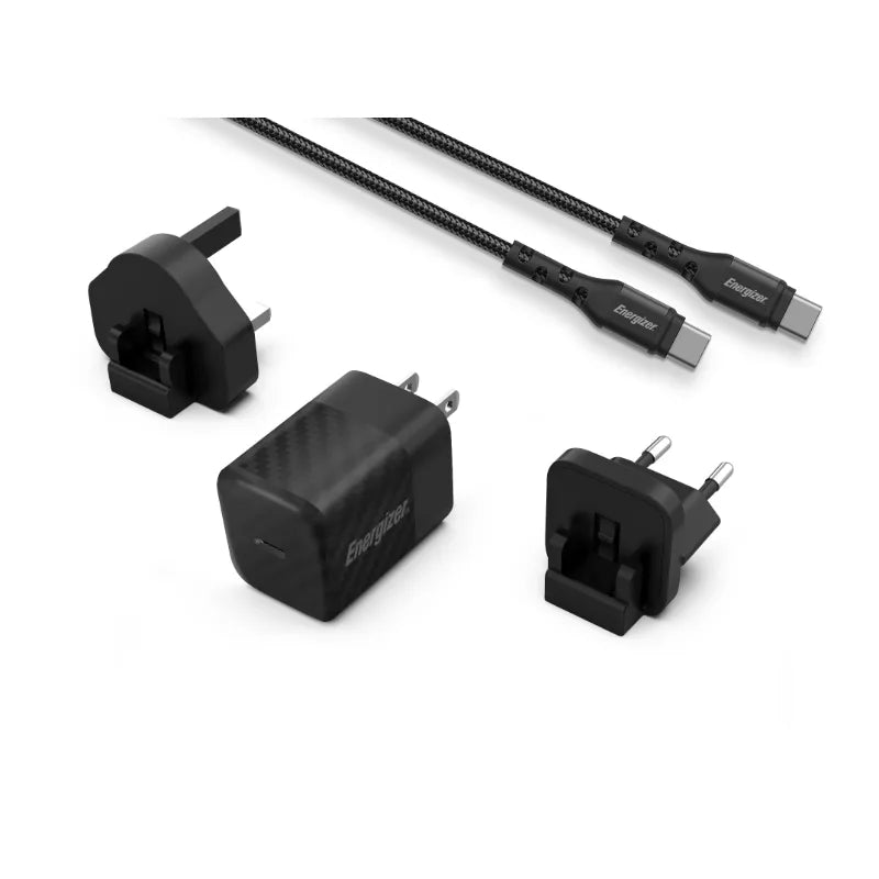 Energizer Ultimate - Multiplug ES / JK / JAV GaN 20W PD sieninis įkroviklis + USB-C laidas (juodas)
