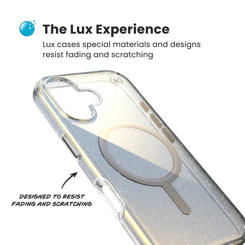 Speck Presidio Lux MagSafe – iPhone 17 dėklas (Hyper Mirror Glitter / Silver Metallic)