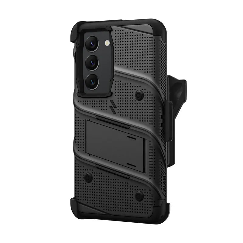 ZIZO BOLT serija – šarvuotas dėklas Samsung Galaxy S23 su 9H ekrano stiklu + laikiklis su stovu (juodas)
