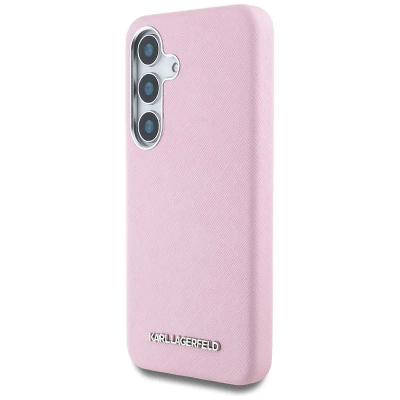 Karl Lagerfeld Saffiano Full Wrapped Elongated Metal Logo MagSafe – dėklas Samsung Galaxy S25 telefonui (rožinis)