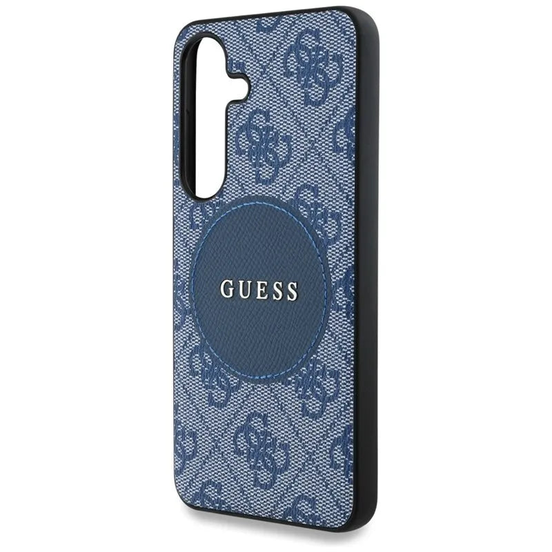 Guess 4G Round Patch Classic Logo MagSafe – dėklas Samsung Galaxy S25+ (mėlynas)