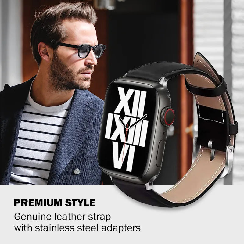 Crong Noble Band - natūralios odos dirželis Apple Watch 44/45/46/49 mm (juodas)