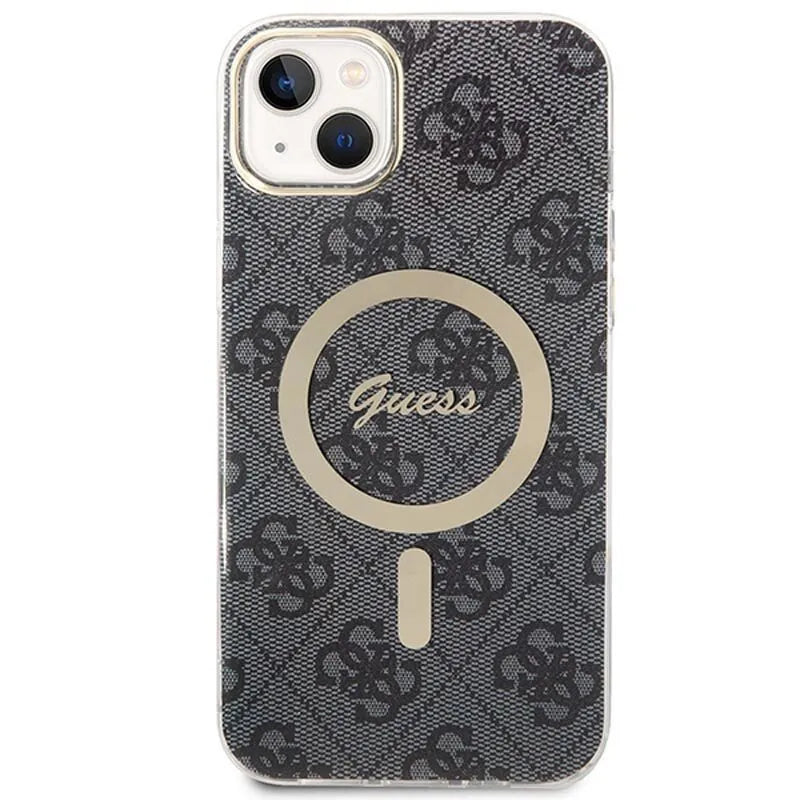Guess Bundle Pack MagSafe 4G – rinkinys: dėklas iPhone 14 Plus + MagSafe įkroviklis (juoda/auksinė)