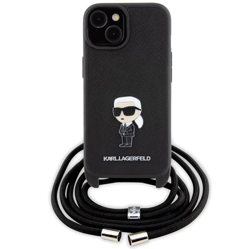 Karl Lagerfeld Crossbody Saffiano Monogram Ikonik Metal Pin – dėklas „iPhone 15“ (juodas)