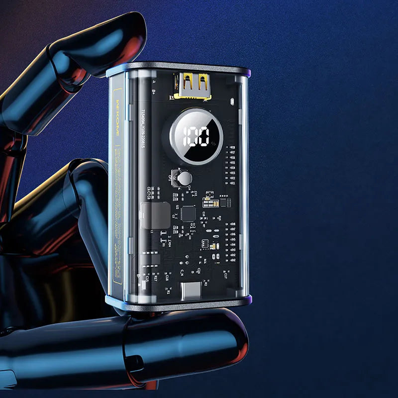 WEKOME WP-345 Vanguard Series – išorinė baterija 10000 mAh, greitas įkrovimas su integruotu USB-C ir Lightning laidu, PD 20W + QC 22.5W (juoda)