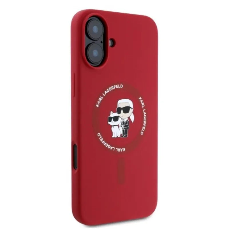 Karl Lagerfeld Silicone Karl & Choupette Ring MagSafe – dėklas iPhone 16 (raudonas)