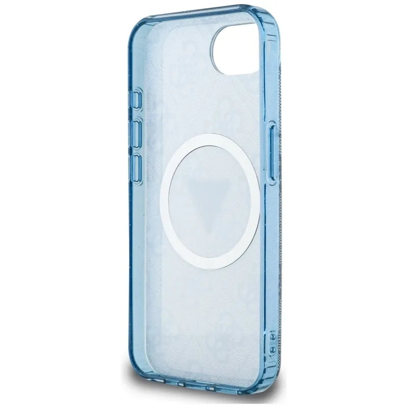 Guess IML Metal Glitter 4G Circle Triangle MagSafe – dėklas iPhone 16e (mėlynas)