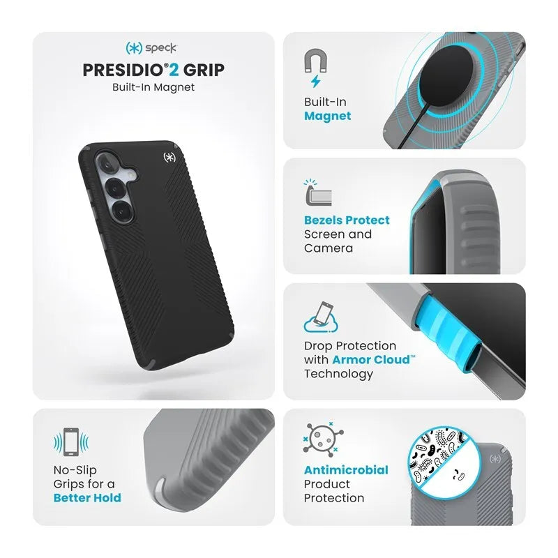Speck Presidio2 Grip Magnet – Samsung Galaxy S25 / 24 MagSafe dėklas (juodas/pilkas/baltas)