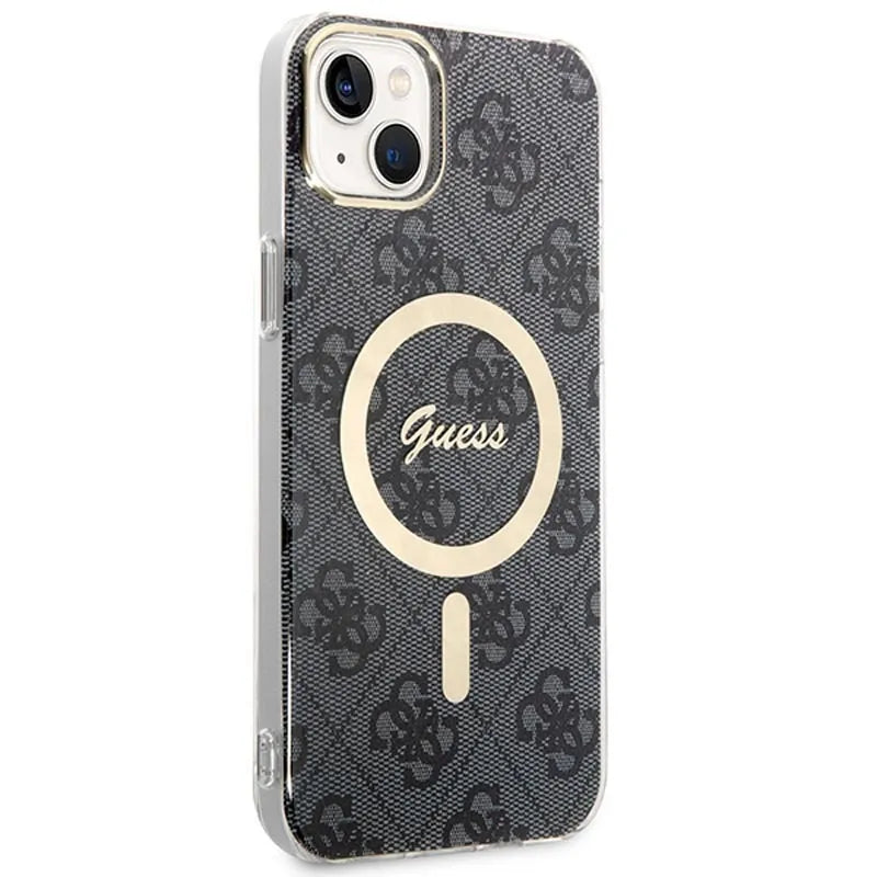 Guess Bundle Pack MagSafe 4G – rinkinys: dėklas iPhone 14 Plus + MagSafe įkroviklis (juoda/auksinė)