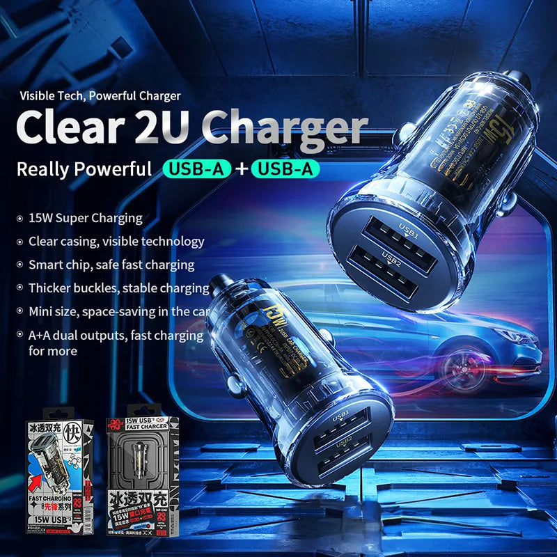WEKOME WP-C40 Vanguard Series – automobilinis įkroviklis 2 x USB greitas įkrovimas 15W (juodas / permatomas)