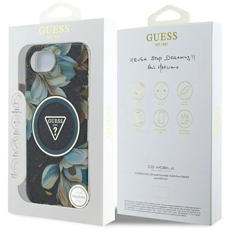 Guess IML Metal Glitter Flowers Triangle MagSafe – dėklas iPhone 16e (juodas)