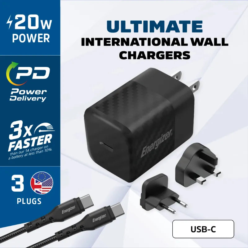Energizer Ultimate - Multiplug ES / JK / JAV GaN 20W PD sieninis įkroviklis + USB-C laidas (juodas)