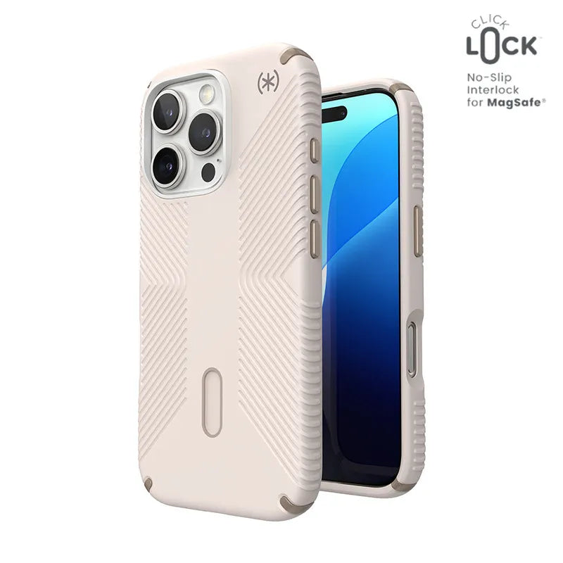 Speck Presidio2 Grip ClickLock & MagSafe – dėklas iPhone 16 Pro (smėlio spalva / auksinė / lazdyno riešuto ruda)