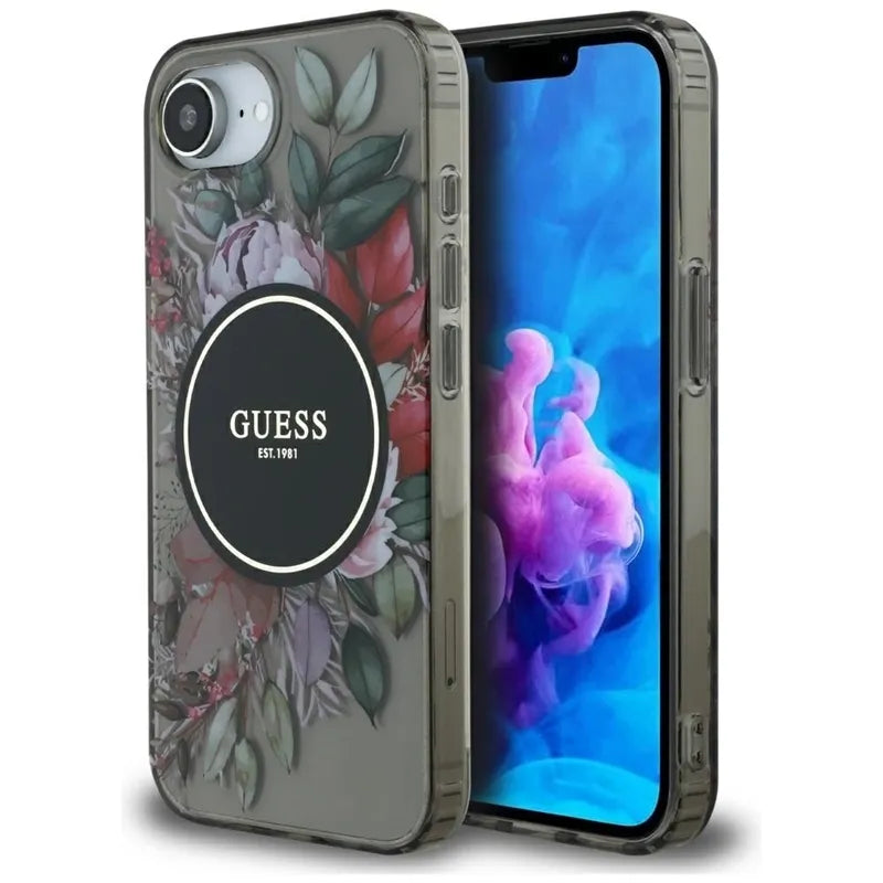 Guess IML Flowers MagSafe – dėklas iPhone 16e (juodas)