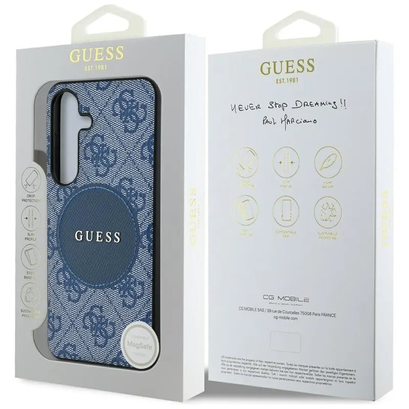 Guess 4G Round Patch Classic Logo MagSafe – dėklas Samsung Galaxy S25+ (mėlynas)
