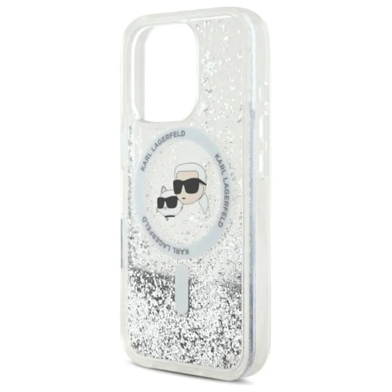 Karl Lagerfeld Liquid Glitter Karl & Choupette Head MagSafe – dėklas iPhone 16 Pro Max (skaidrus)