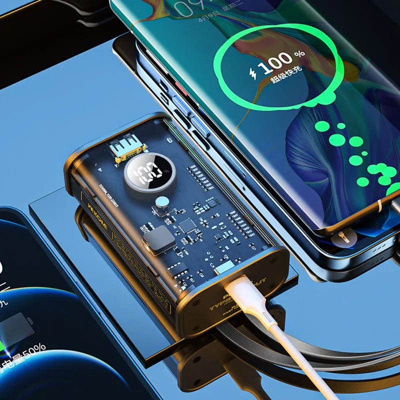 WEKOME WP-345 Vanguard Series – išorinė baterija 10000 mAh, greitas įkrovimas su integruotu USB-C ir Lightning laidu, PD 20W + QC 22.5W (juoda)