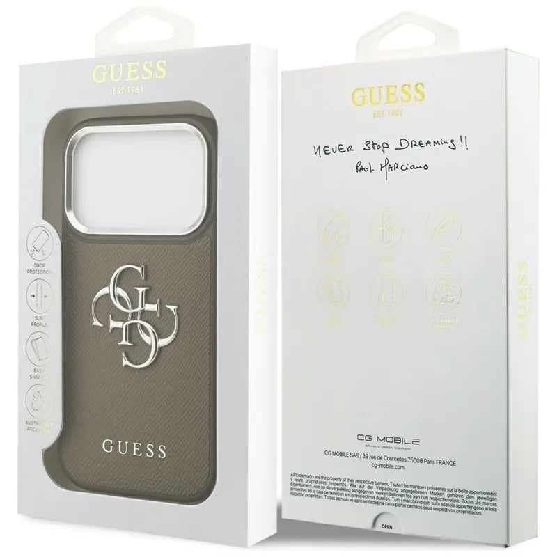 Guess Grained Big 4G Classic Logo – dėklas, skirtas iPhone 17 Pro (rudas)