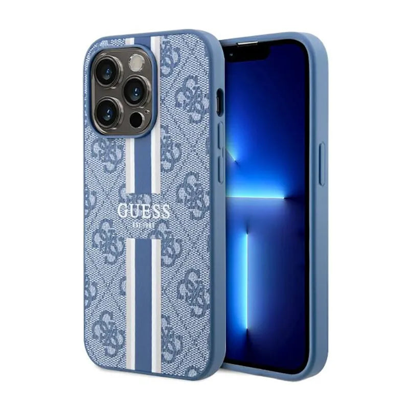 Guess 4G Printed Stripes MagSafe – dėklas iPhone 14 Pro (mėlynas)