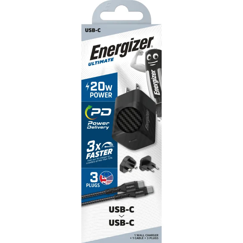 Energizer Ultimate - Multiplug ES / JK / JAV GaN 20W PD sieninis įkroviklis + USB-C laidas (juodas)