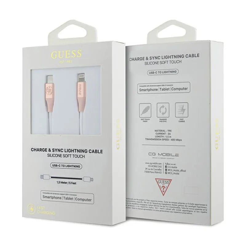 Guess Ebossed Logo – USB-C į „Lightning“ kabelis, MFi sertifikuotas, 1,5 m (rožinis)
