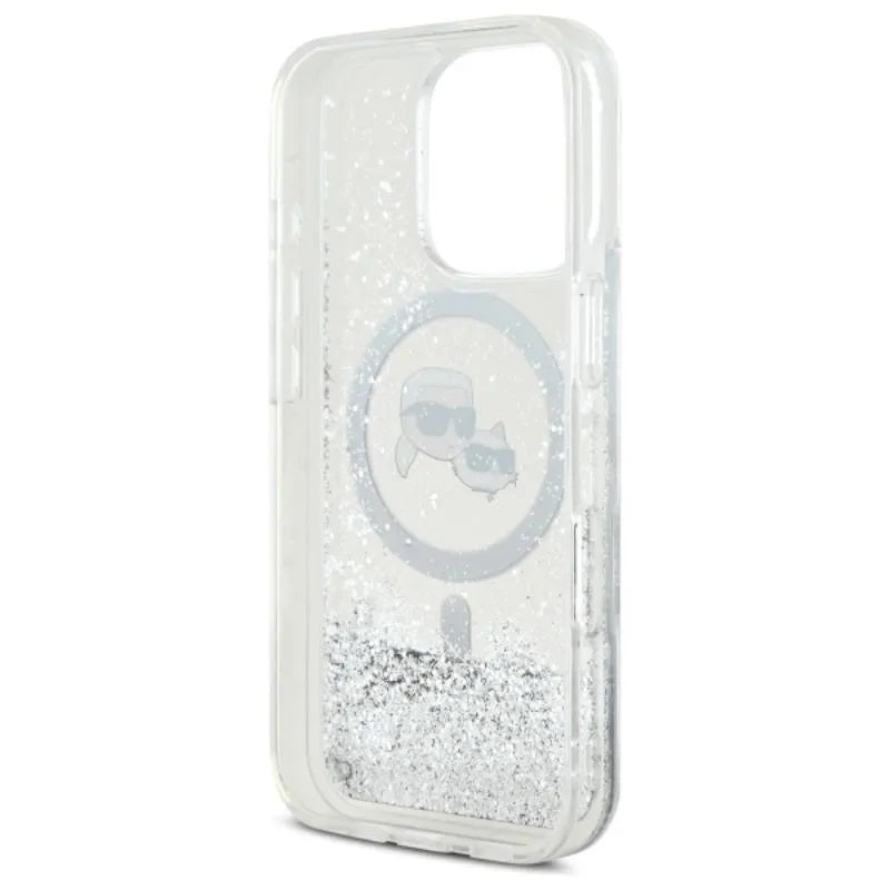 Karl Lagerfeld Liquid Glitter Karl & Choupette Head MagSafe – dėklas iPhone 16 Pro Max (skaidrus)