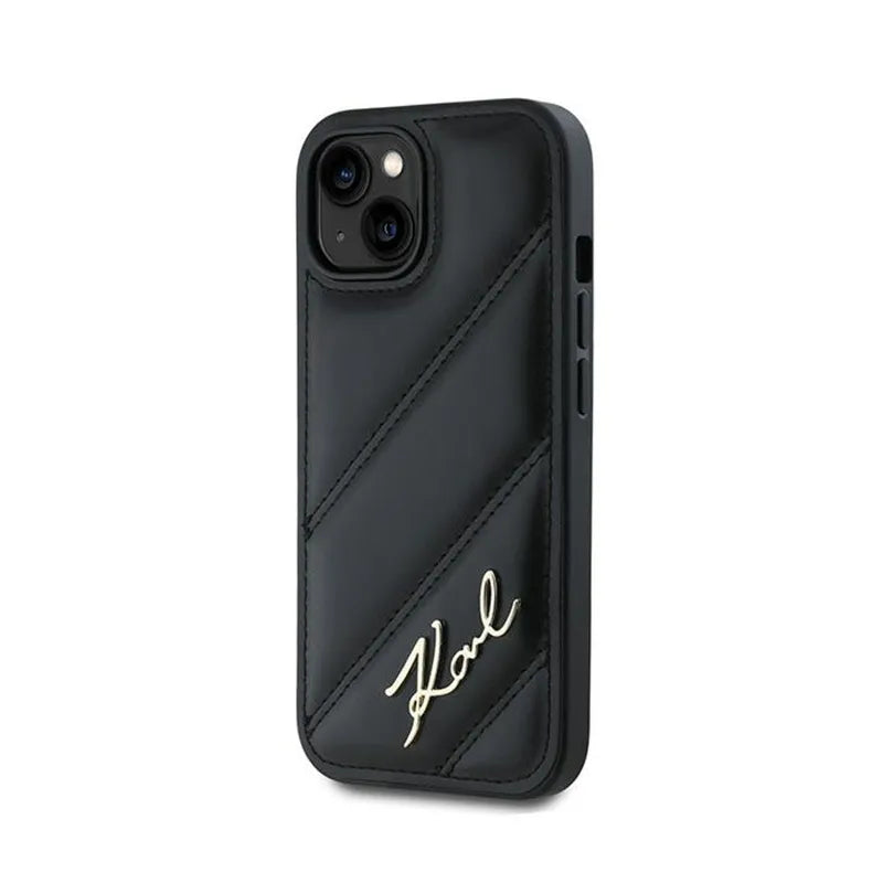 Karl Lagerfeld Diagonal Quilted Script – dėklas iPhone 14 / 15 / 13 (juodas)
