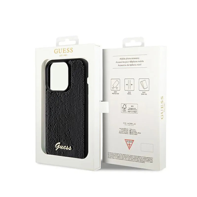 Guess Sequin Script Metal - dėklas iPhone 14 Pro Max (juodas)
