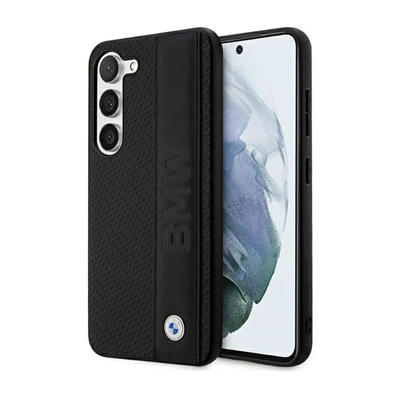 BMW Leather Textured & Stripe – dėklas Samsung Galaxy S23+ (juodas)