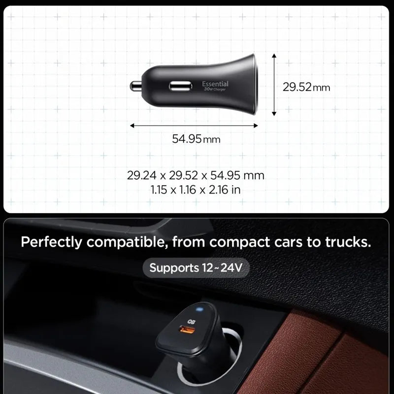 Spigen Essential EV301 – USB-C PD 3.0 PPS 30 W automobilinis įkroviklis (juodas)