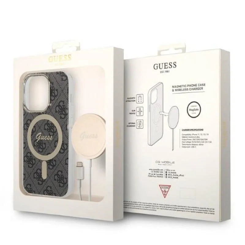 „Guess“ rinkinys „Bundle Pack MagSafe 4G“ – dėklo „iPhone 14 Pro“ ir „MagSafe“ įkroviklio komplektas (juodas/auksinis)