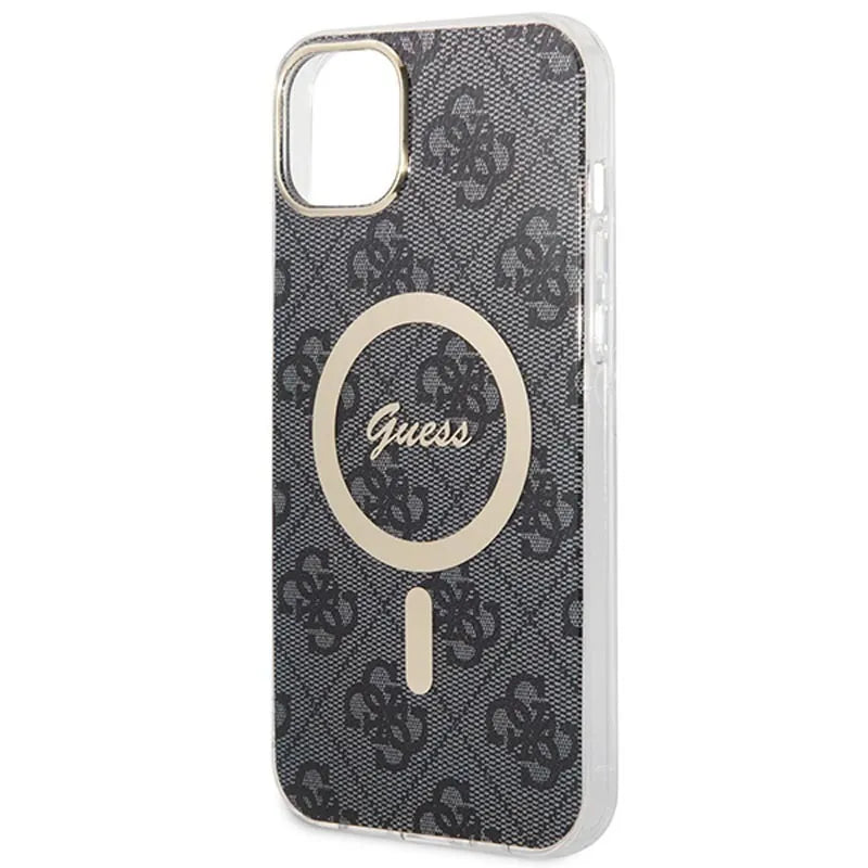 Guess Bundle Pack MagSafe 4G – rinkinys: dėklas iPhone 14 Plus + MagSafe įkroviklis (juoda/auksinė)