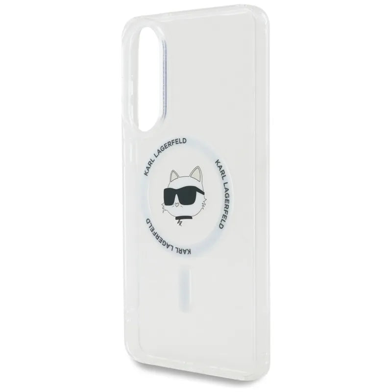 Karl Lagerfeld Button Choupette Head Printed Logo MagSafe – dėklas Samsung Galaxy S25 Edge (baltas)