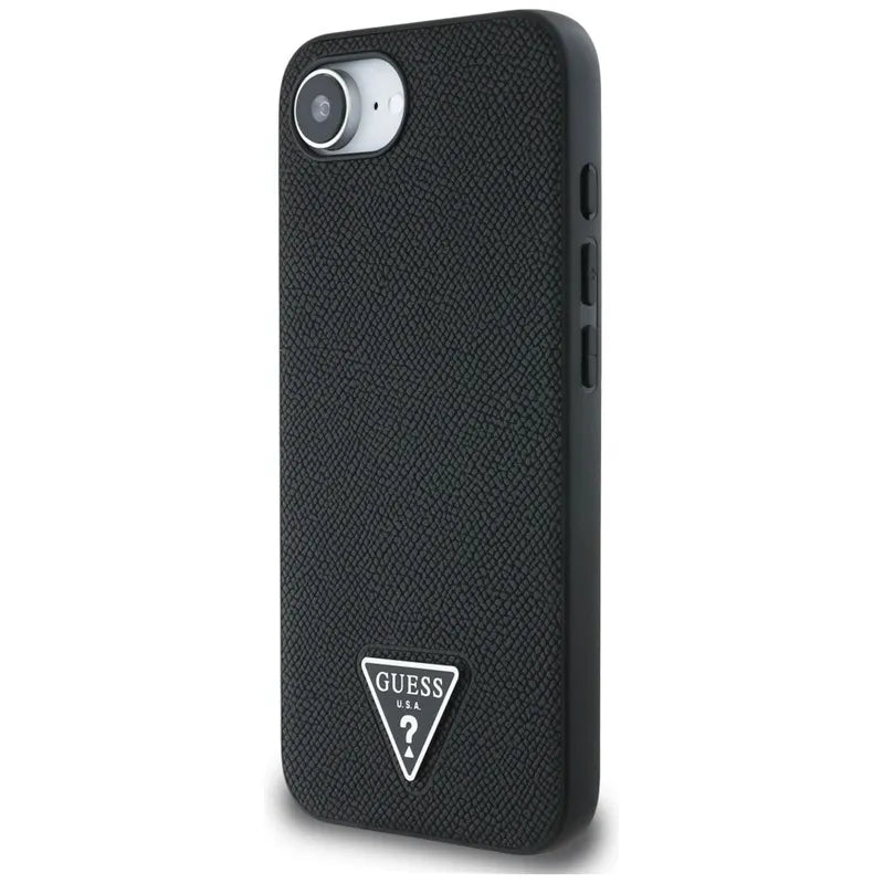 Guess Grained Triangle MagSafe – dėklas iPhone 16e (juodas)