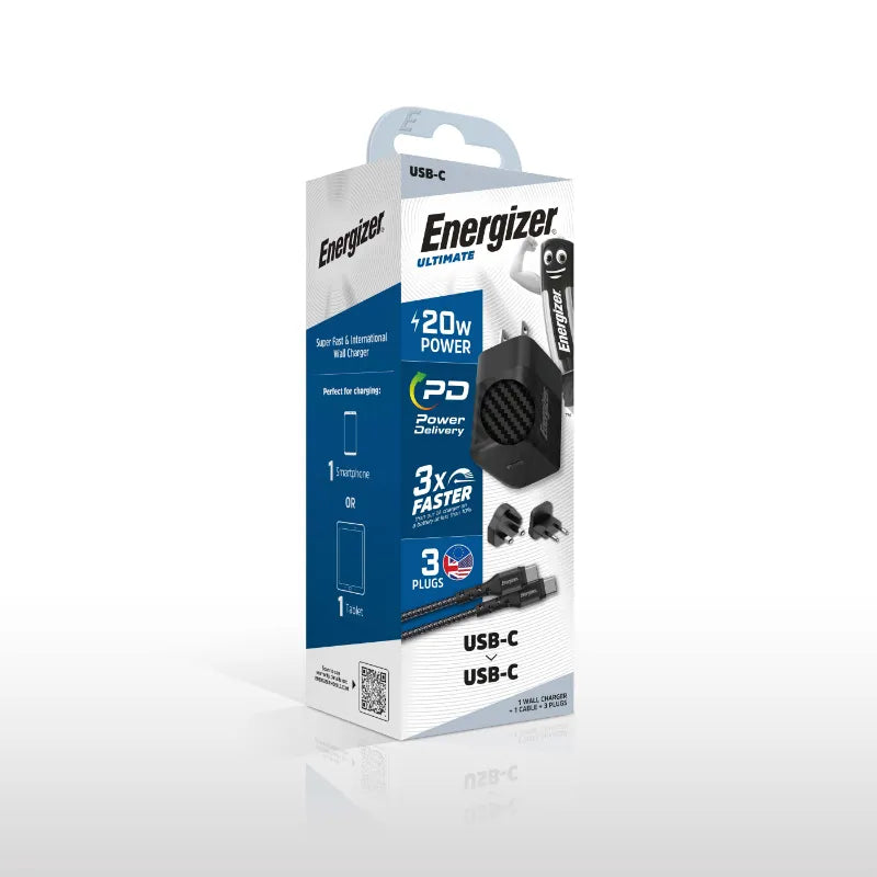 Energizer Ultimate - Multiplug ES / JK / JAV GaN 20W PD sieninis įkroviklis + USB-C laidas (juodas)