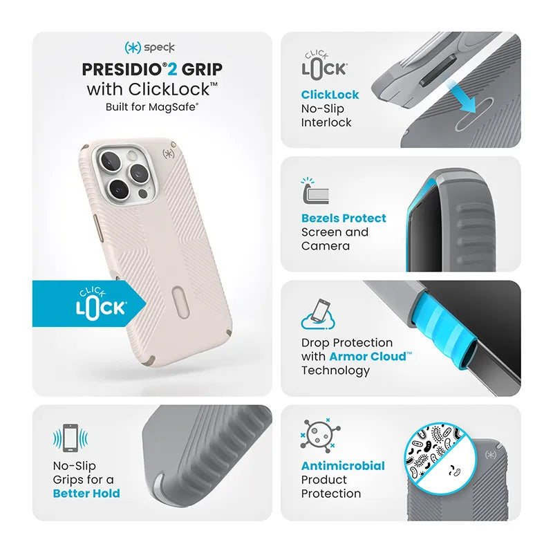 Speck Presidio2 Grip ClickLock & MagSafe – dėklas iPhone 16 Pro (smėlio spalva / auksinė / lazdyno riešuto ruda)