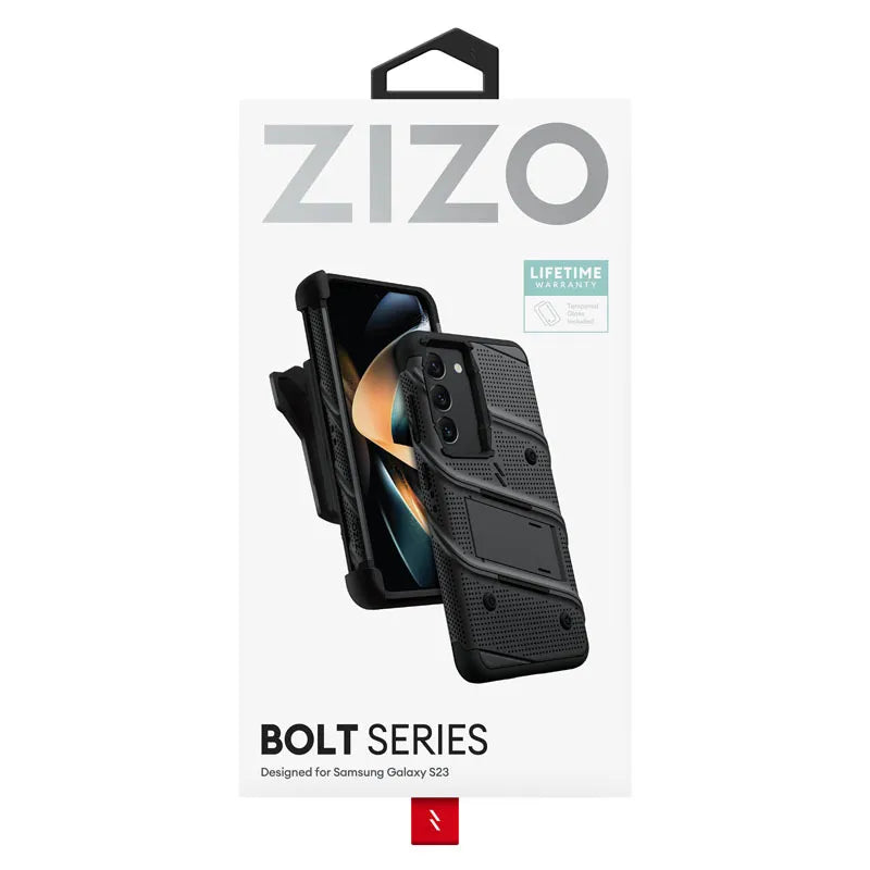 ZIZO BOLT serija – šarvuotas dėklas Samsung Galaxy S23 su 9H ekrano stiklu + laikiklis su stovu (juodas)