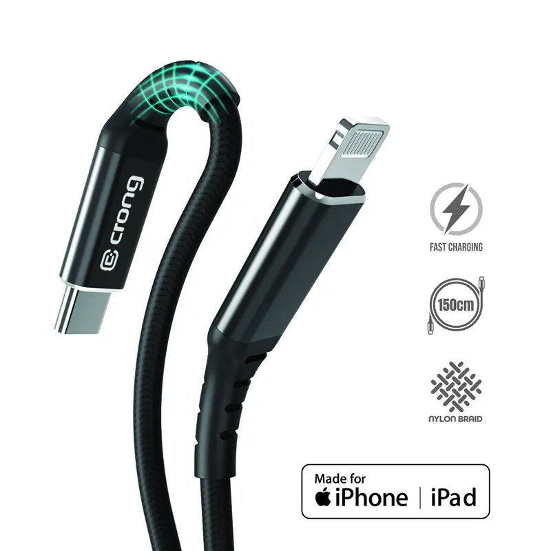 Crong Armor Link - USB-C Lightning greito įkrovimo MFi laidas 150cm (juodas)