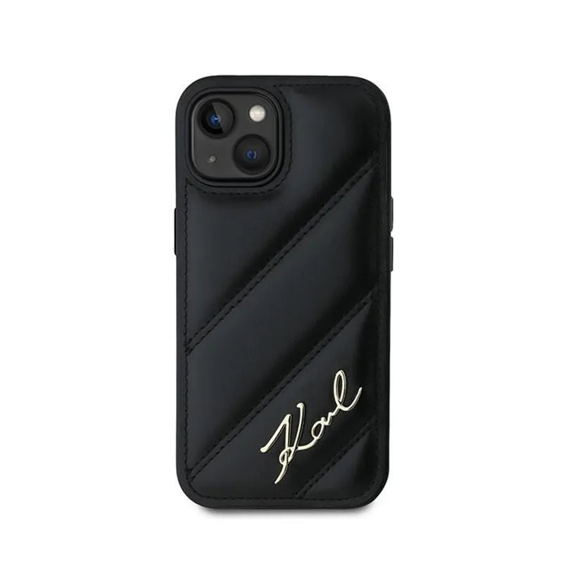 Karl Lagerfeld Diagonal Quilted Script – dėklas iPhone 14 / 15 / 13 (juodas)