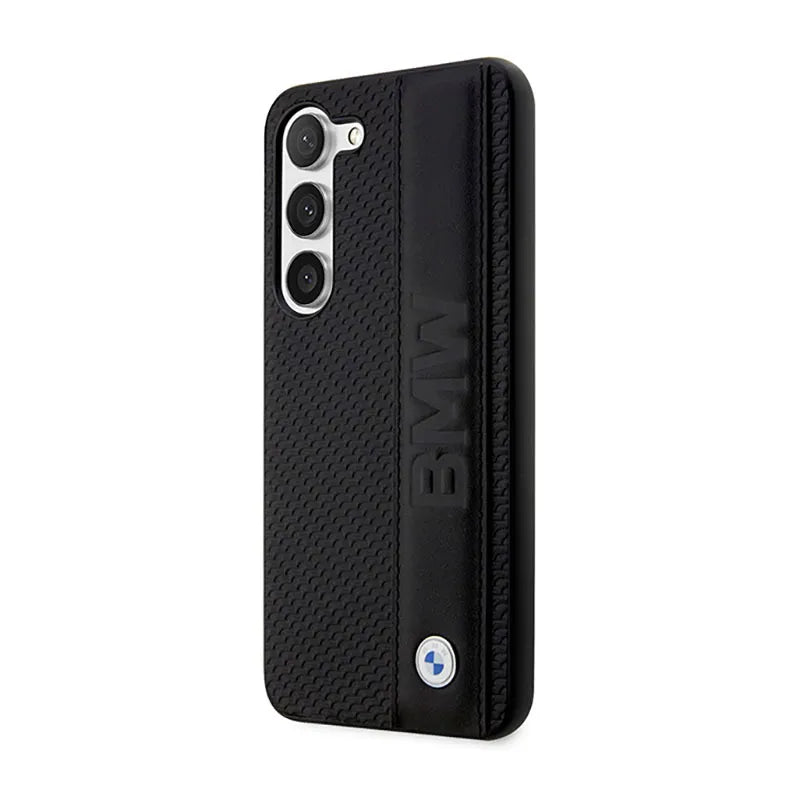 BMW Leather Textured & Stripe – dėklas Samsung Galaxy S23+ (juodas)