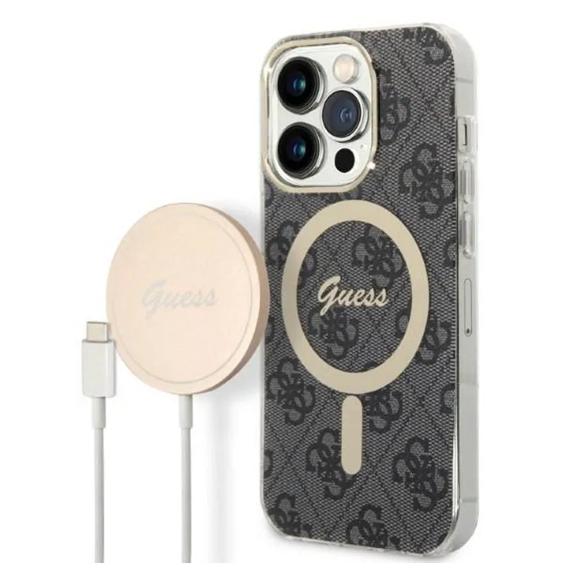 „Guess“ rinkinys „Bundle Pack MagSafe 4G“ – dėklo „iPhone 14 Pro“ ir „MagSafe“ įkroviklio komplektas (juodas/auksinis)