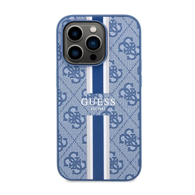 Guess 4G Printed Stripes MagSafe – dėklas iPhone 14 Pro (mėlynas)