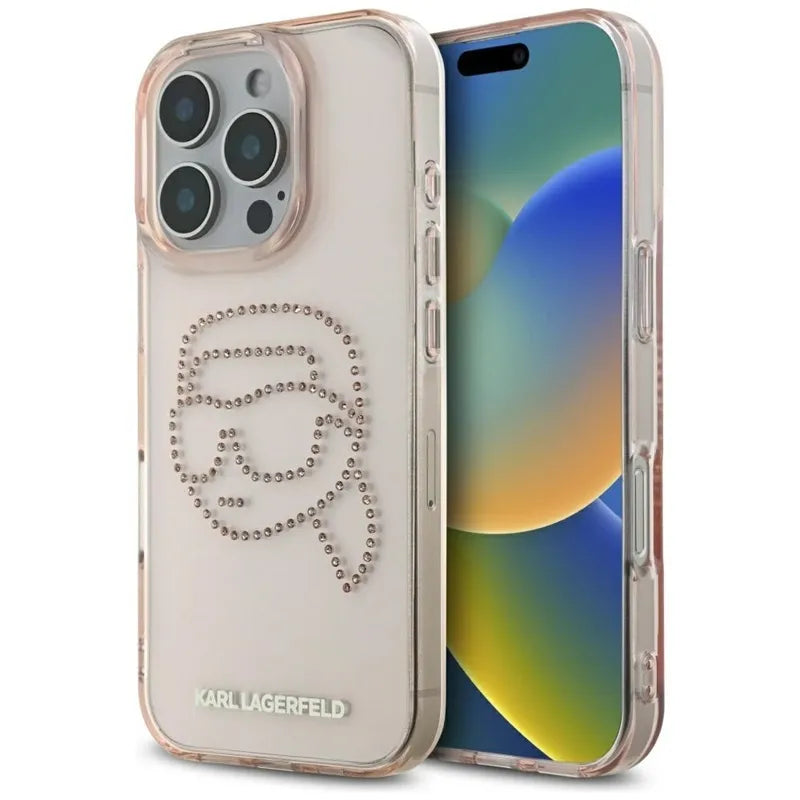 Karl Lagerfeld IML Rhinestones Karl Head – dėklas iPhone 16 Pro (rožinis)