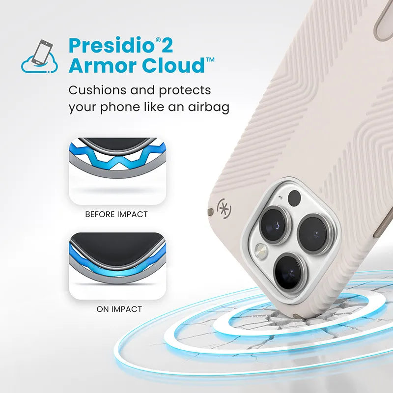 Speck Presidio2 Grip ClickLock & MagSafe – dėklas iPhone 16 Pro (smėlio spalva / auksinė / lazdyno riešuto ruda)