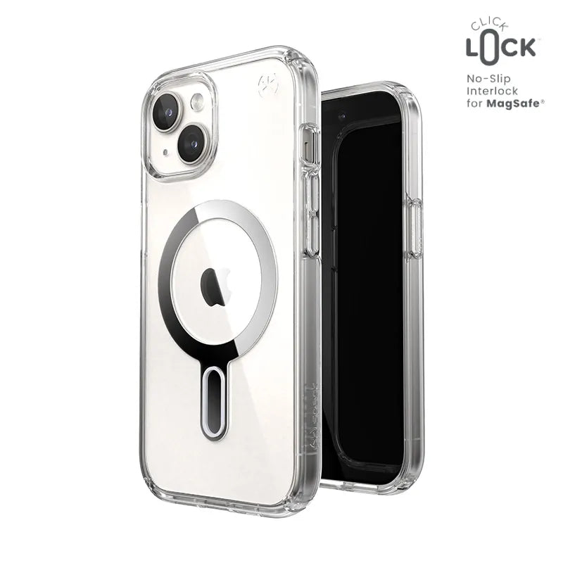 Speck Presidio Perfect-Clear ClickLock & MagSafe dėklas - iPhone 17e / 16e / 15 / 14 / 13 (Skaidrus / Chromuota apdaila / Serene Silver)