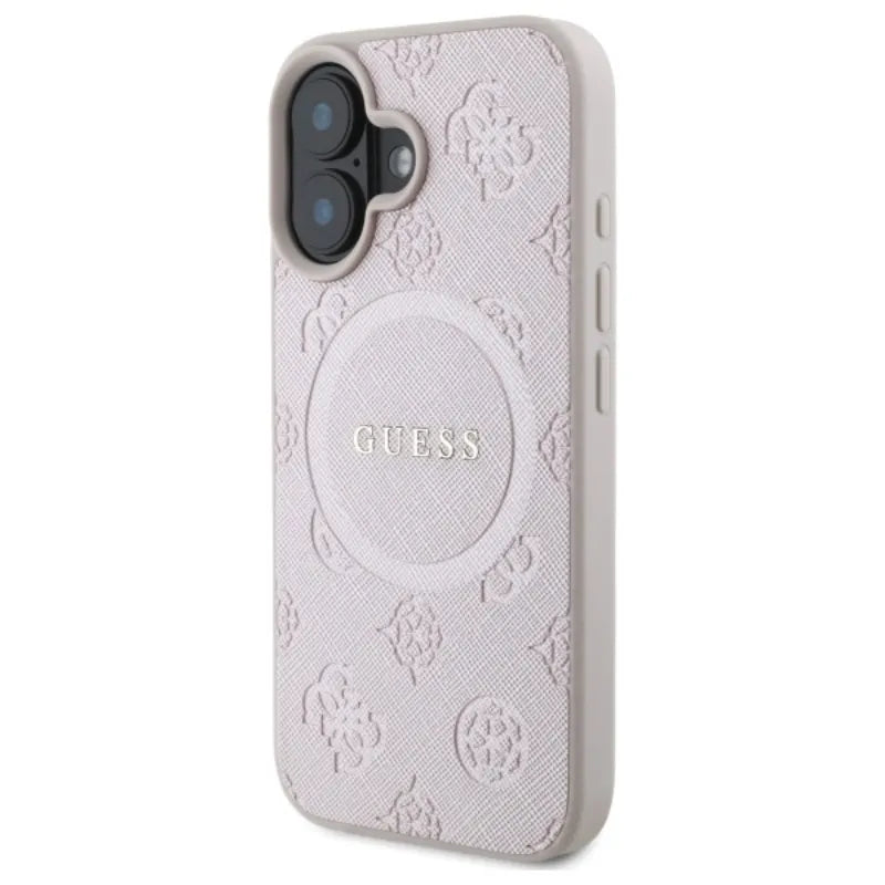Guess Saffiano Peony Classic Logo MagSafe – dėklas iPhone 16 (rožinis)