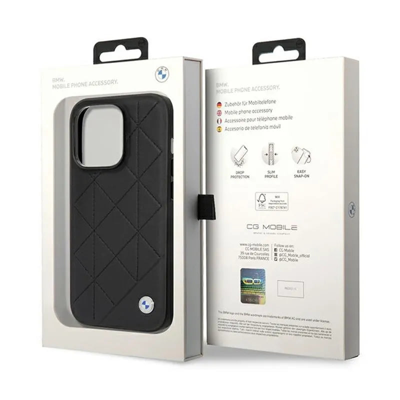 BMW Leather Quilted dėklas, skirtas iPhone 14 Pro (juodas)