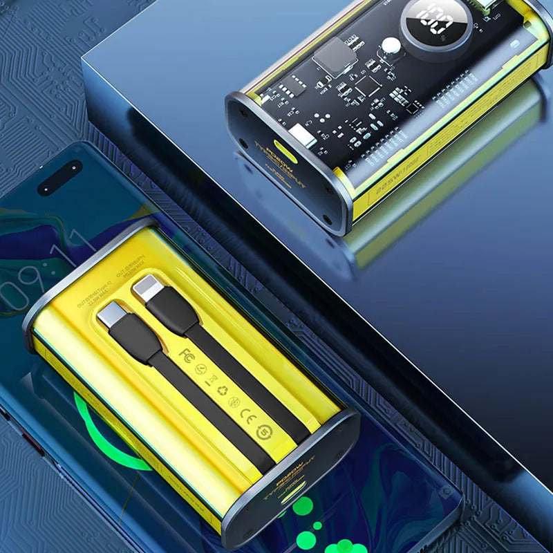 WEKOME WP-345 Vanguard Series – 10000 mAh išorinė baterija, greitas įkrovimas su integruotu USB-C ir Lightning PD 20W laidu + QC 22.5W (geltona)