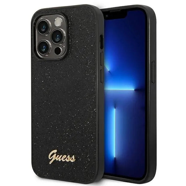 Guess Glitter Flakes Metal Logo dėklas – dėklas, skirtas iPhone 14 Pro (juodas)